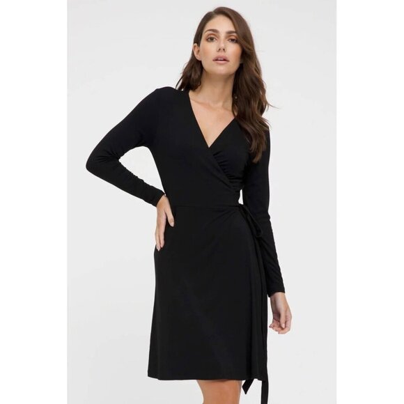 Majestic Filatures - Silk Touch Long Sleeve Wrap Dress - Black - Small - Picture 1 of 7